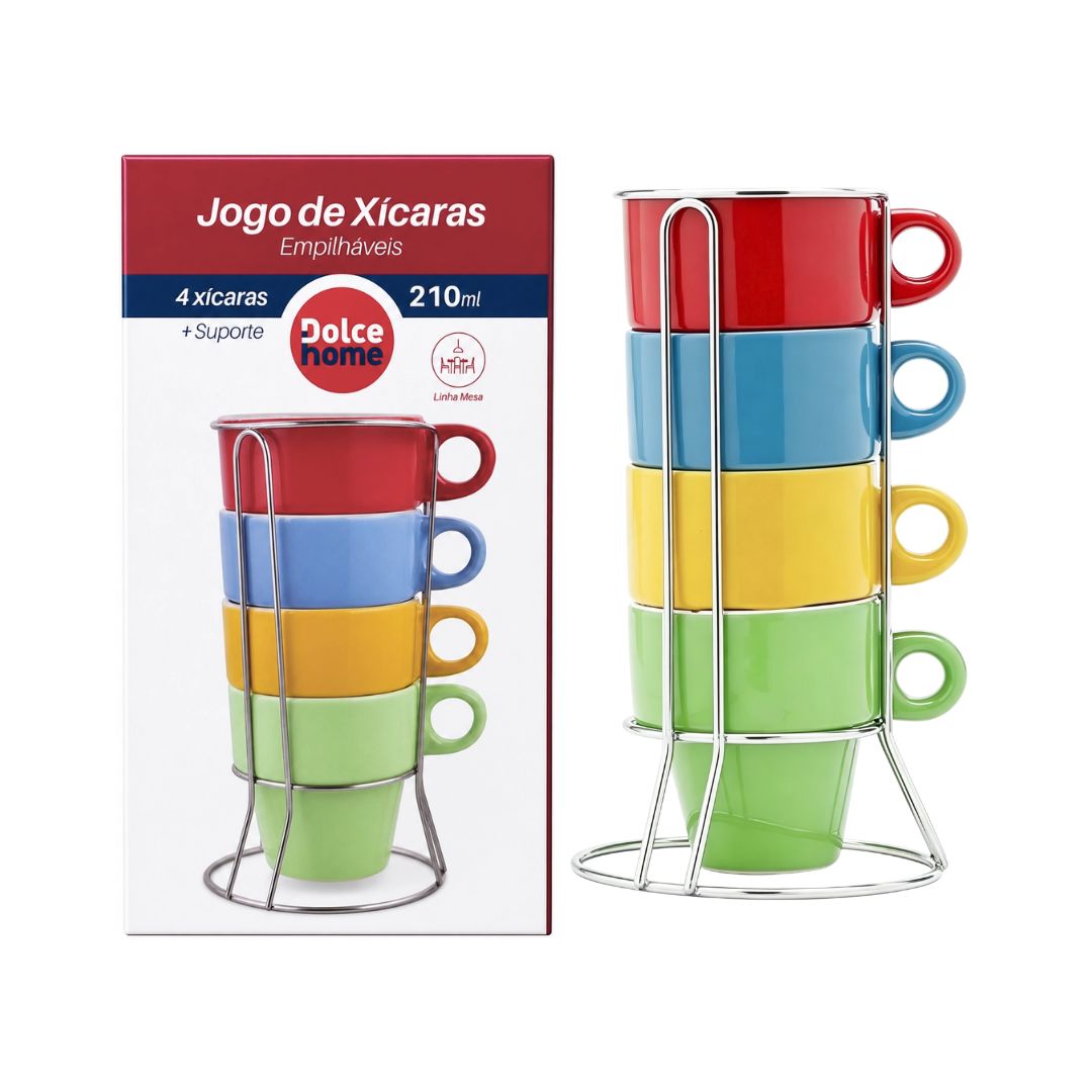 Jogo de 4 xícaras Coloridas Empilháveis 210ml Cantinho do Café Chá Cozinha Resistente Presente Amiga Mãe Moderna Decorat