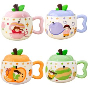 Caneca de Cerâmica c/ Tampa Maçã Rosa Lilás Laranja Verde 300ml Café da Manhã Chá Bebidas Quentes Mesa Posta Presente Fr