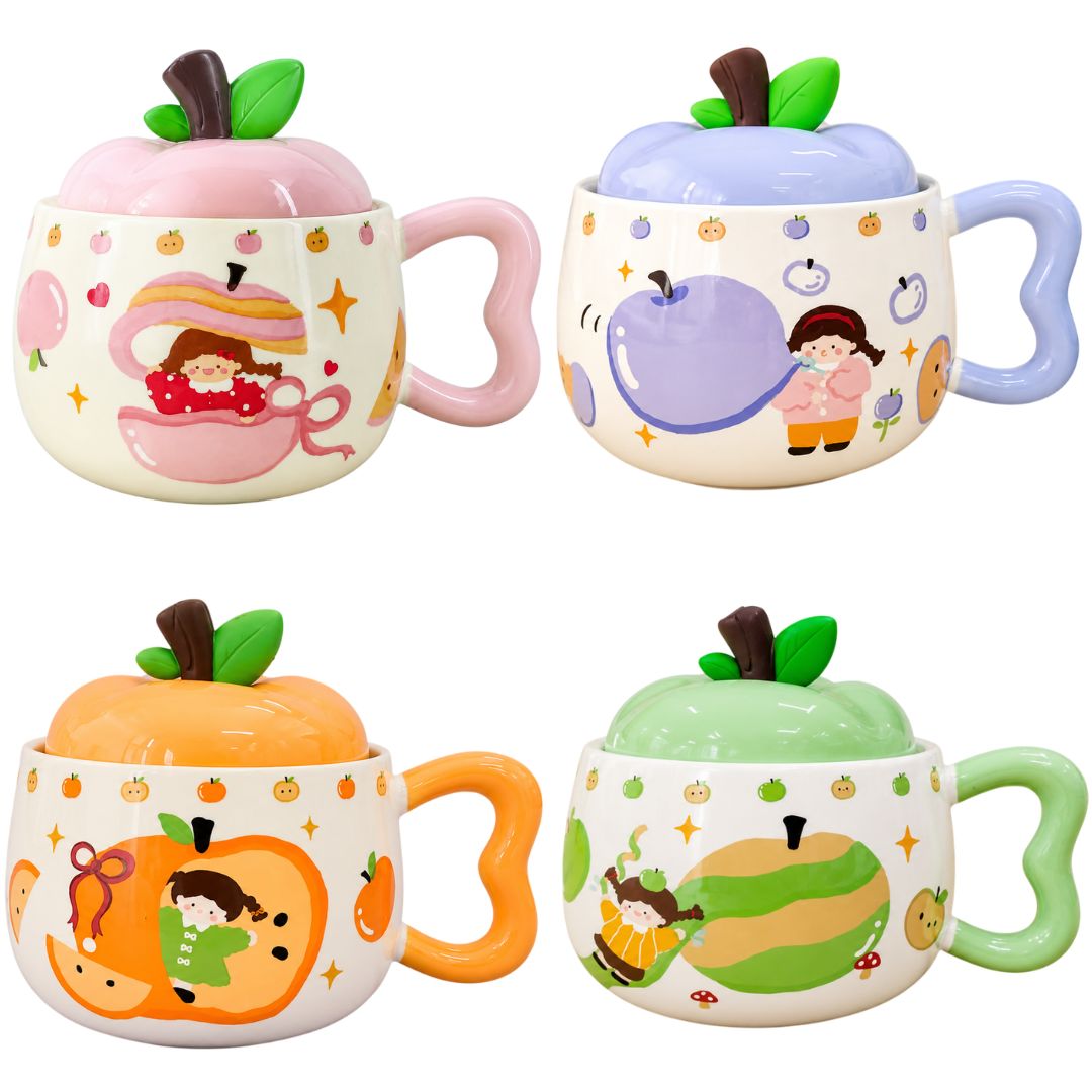 Caneca de Cerâmica c/ Tampa Maçã Rosa Lilás Laranja Verde 300ml Café da Manhã Chá Bebidas Quentes Mesa Posta Presente Fr