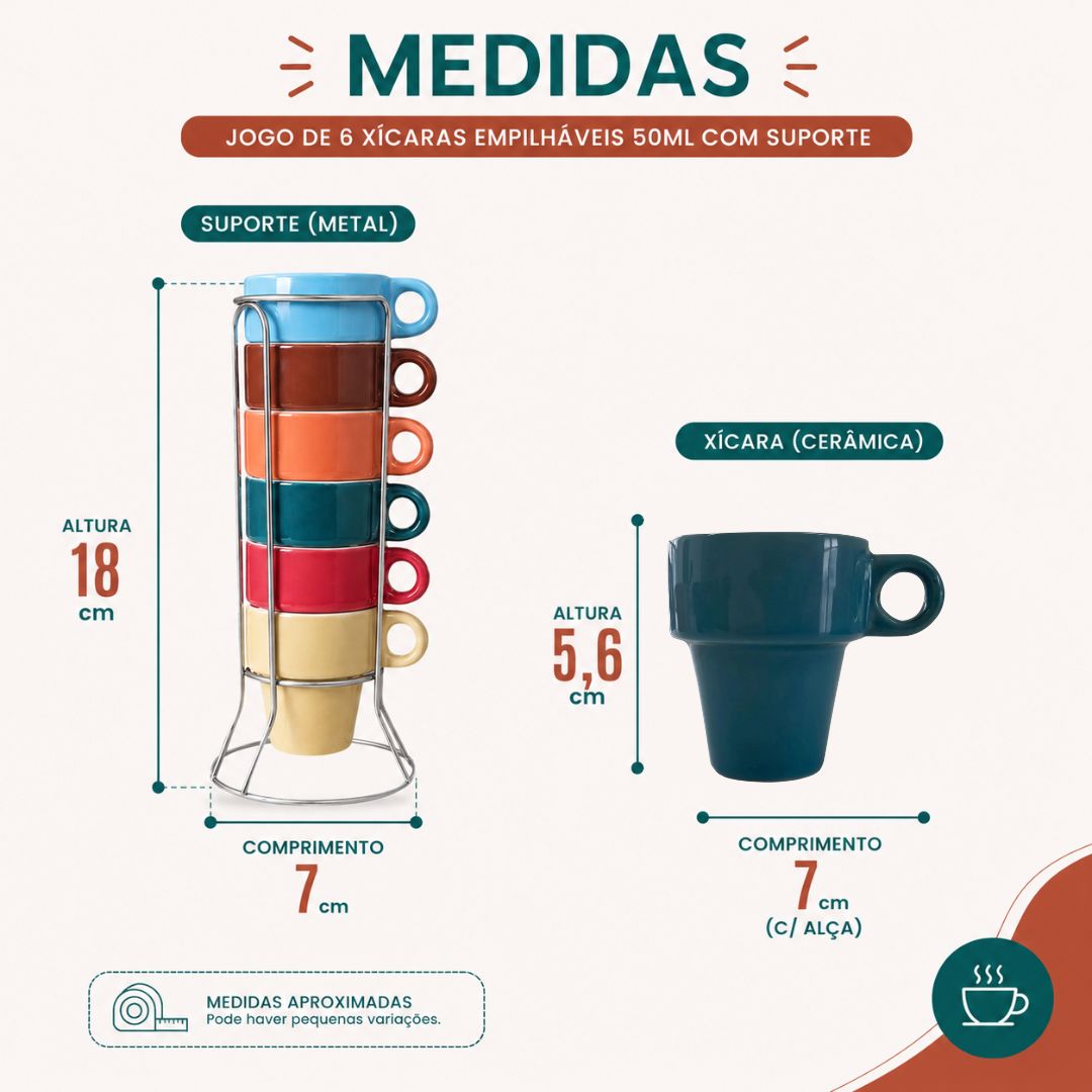 Jogo 6 xícaras 50ml Multicolorido Empilháveis c/Suporte Cerâmica Café Presente Cozinha Mesa Posta - Imagem 5