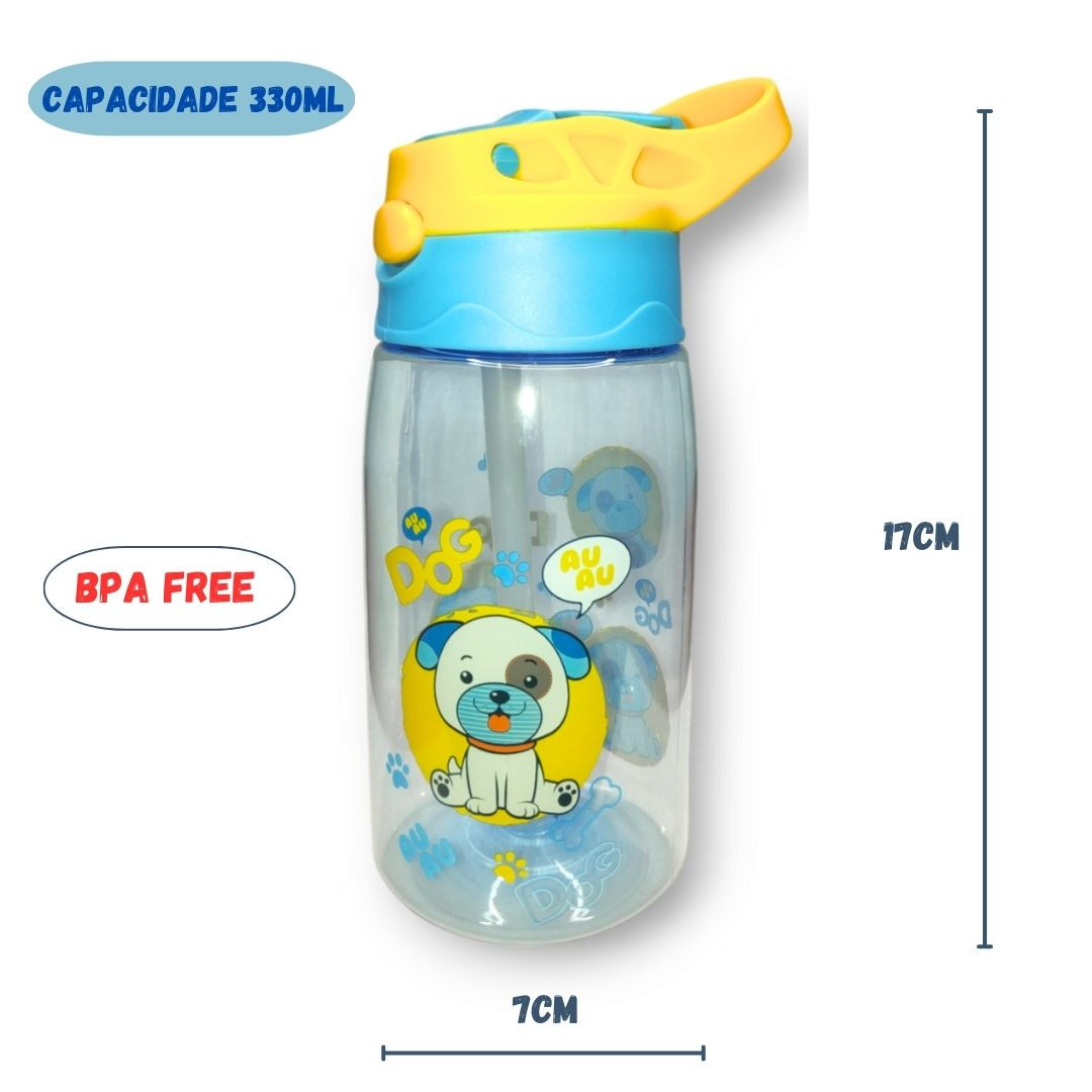Garrafa de Plástico Infantil c/ Canudo Cachorrinho Azul Amarelo 330ml Criança Bico Silicone Trava Masculino Bebidas - Imagem 3