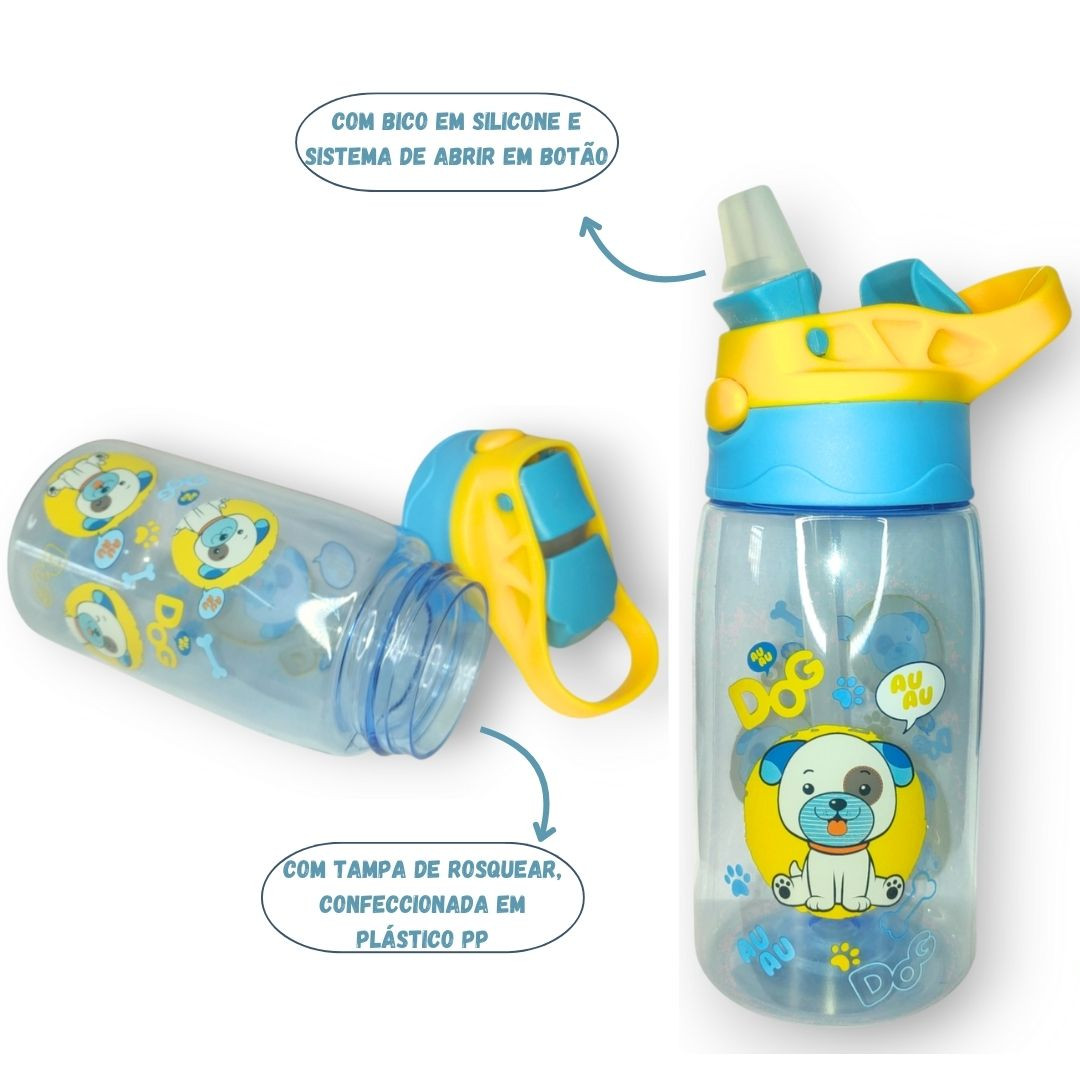 Garrafa de Plástico Infantil c/ Canudo Cachorrinho Azul Amarelo 330ml Criança Bico Silicone Trava Masculino Bebidas - Imagem 2