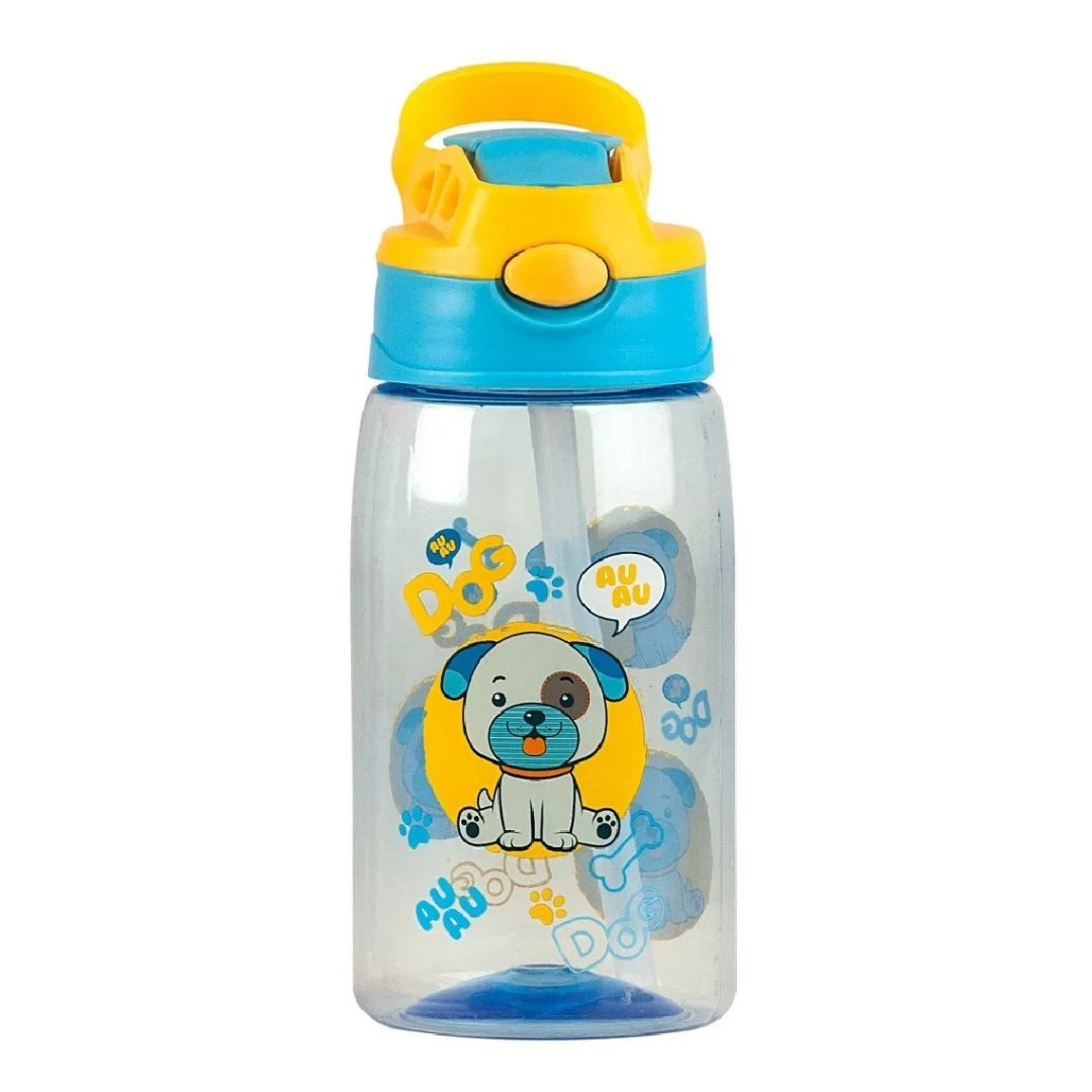 Garrafa de Plástico Infantil c/ Canudo Cachorrinho Azul Amarelo 330ml Criança Bico Silicone Trava Masculino Bebidas