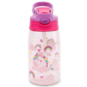 Garrafa de Plástico Infantil c/ Canudo Unicórnio Rosa 330ml Criança Bico Silicone Trava Feminina Bebidas