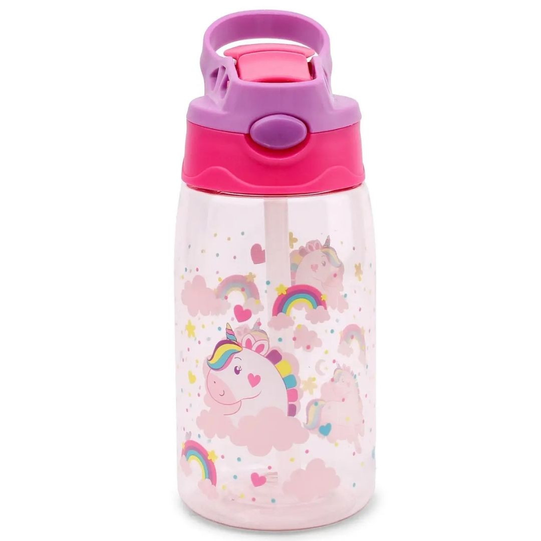 Garrafa de Plástico Infantil c/ Canudo Unicórnio Rosa 330ml Criança Bico Silicone Trava Feminina Bebidas