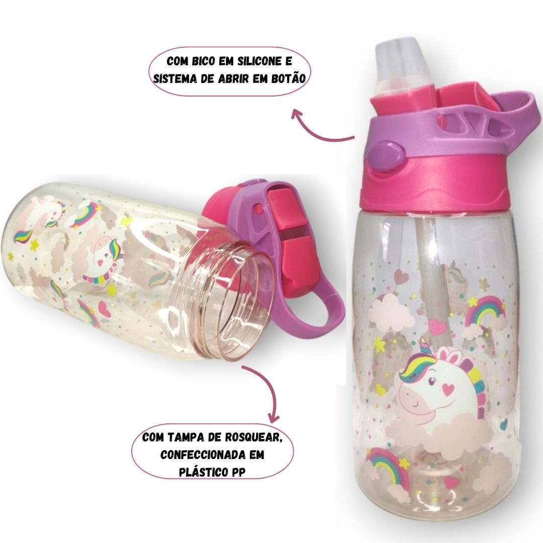 Garrafa de Plástico Infantil c/ Canudo Unicórnio Rosa 330ml Criança Bico Silicone Trava Feminina Bebidas - Imagem 2