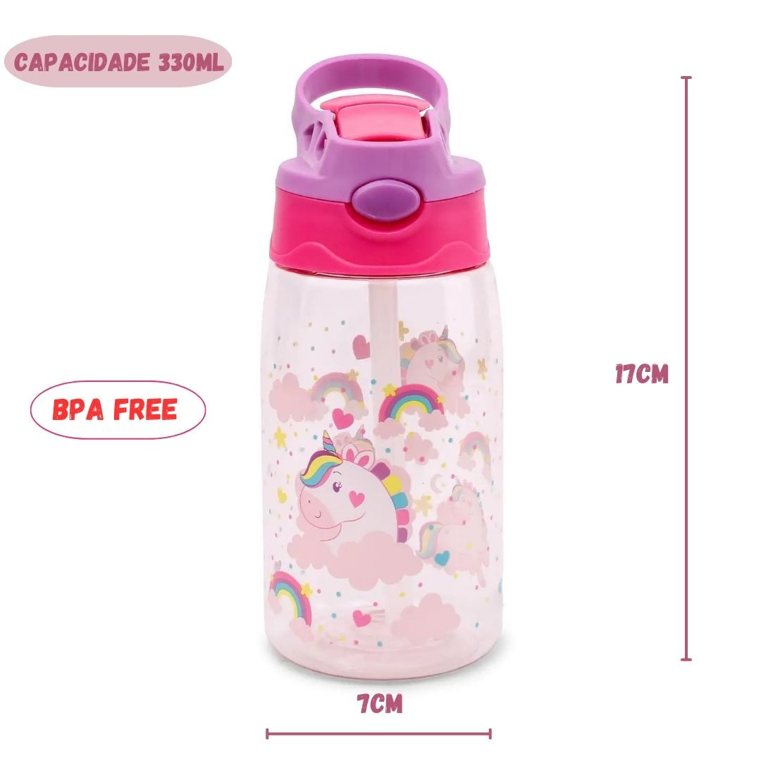 Garrafa de Plástico Infantil c/ Canudo Unicórnio Rosa 330ml Criança Bico Silicone Trava Feminina Bebidas - Imagem 3