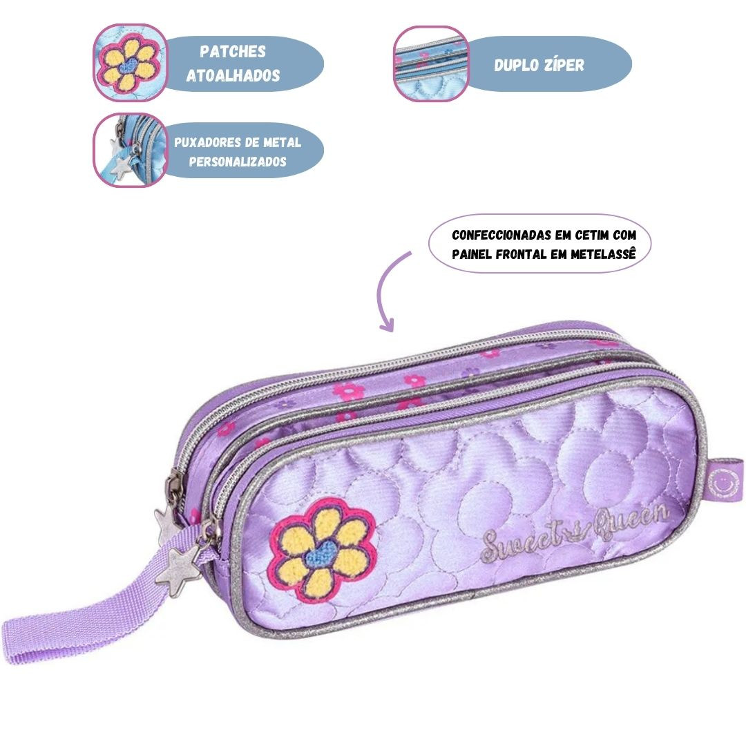 Estojo Duplo Rosa Lilás Azul Sweet Queen Metalizado Escolar Volta Aulas Estudo Juvenil - Imagem 2