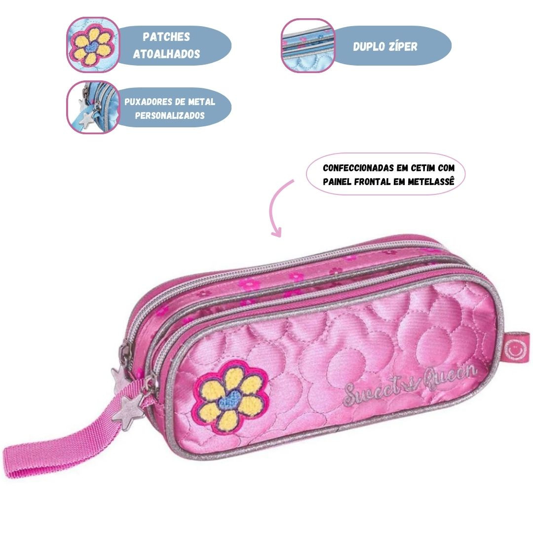 Estojo Duplo Rosa Lilás Azul Sweet Queen Metalizado Escolar Volta Aulas Estudo Juvenil - Imagem 5