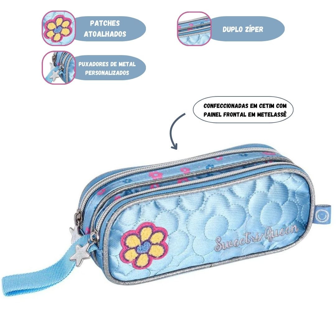 Estojo Duplo Rosa Lilás Azul Sweet Queen Metalizado Escolar Volta Aulas Estudo Juvenil - Imagem 8