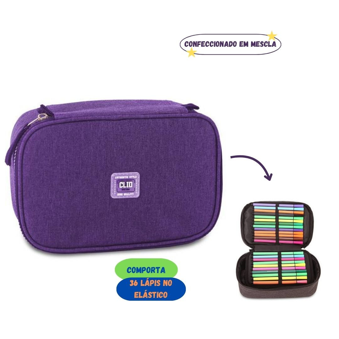 Estojo Box Preto Cinza Rosa Roxo Clio Escolar Volta Aulas Estudo Juvenil 100 Pens Organizador - Imagem 2