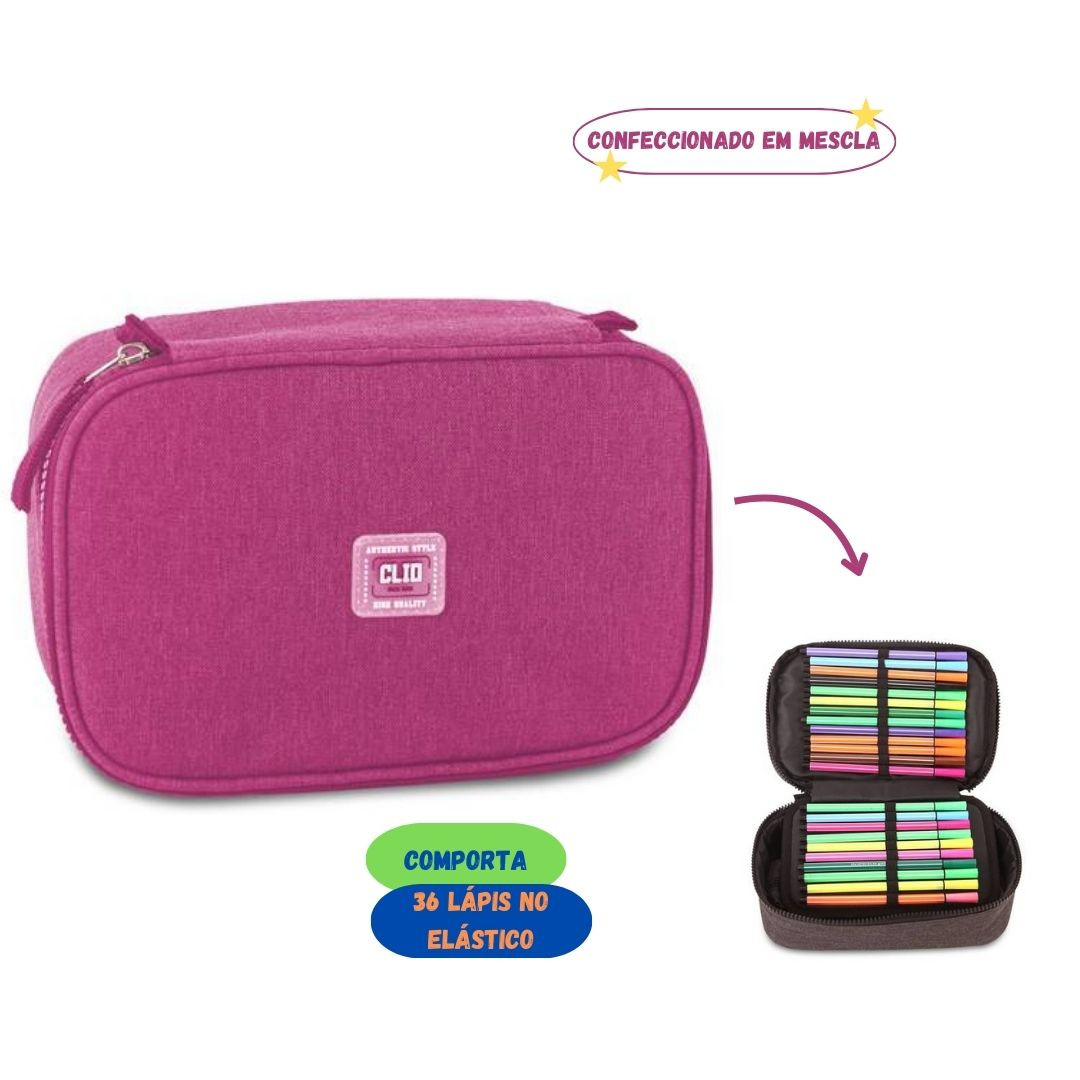 Estojo Box Preto Cinza Rosa Roxo Clio Escolar Volta Aulas Estudo Juvenil 100 Pens Organizador - Imagem 5