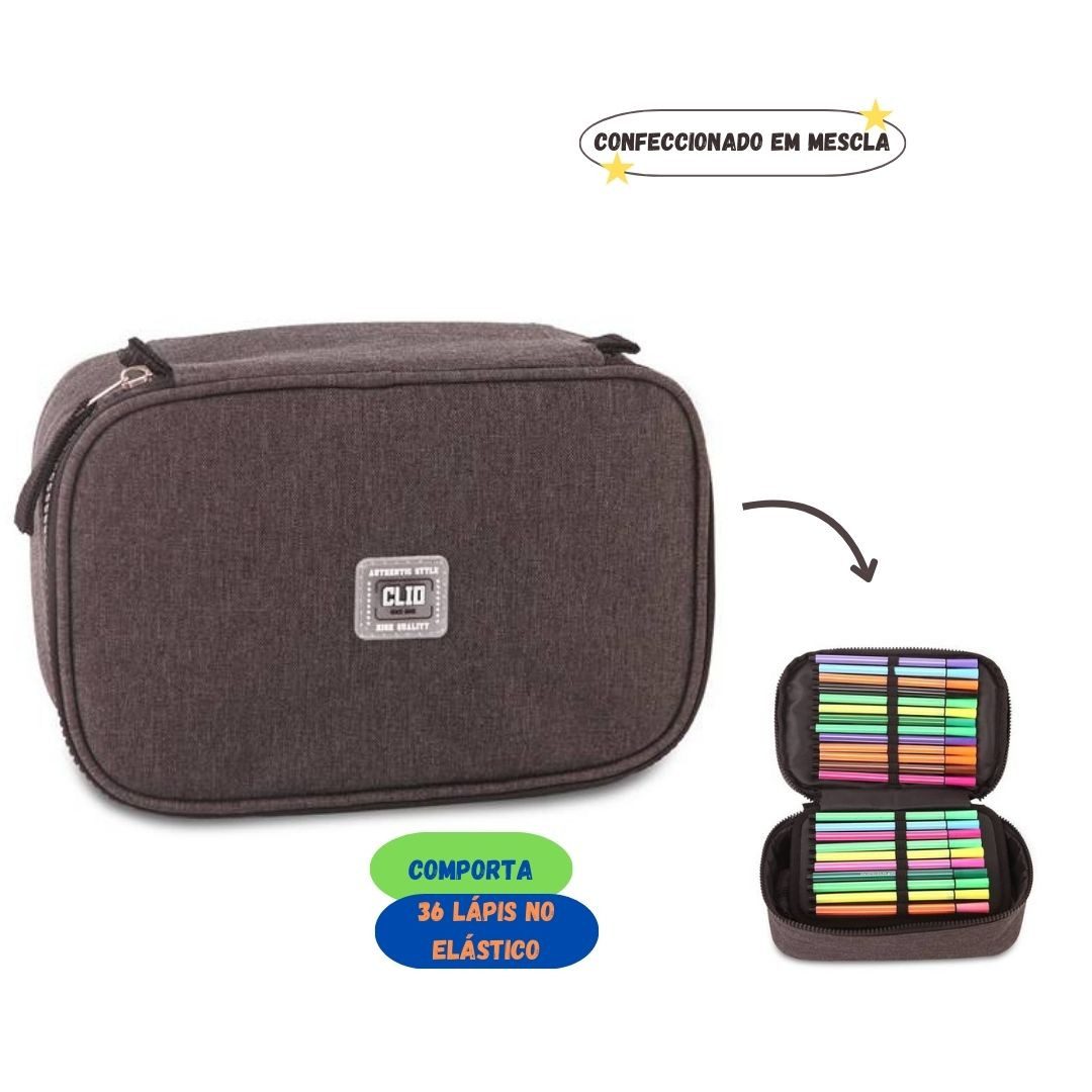 Estojo Box Preto Cinza Rosa Roxo Clio Escolar Volta Aulas Estudo Juvenil 100 Pens Organizador - Imagem 8