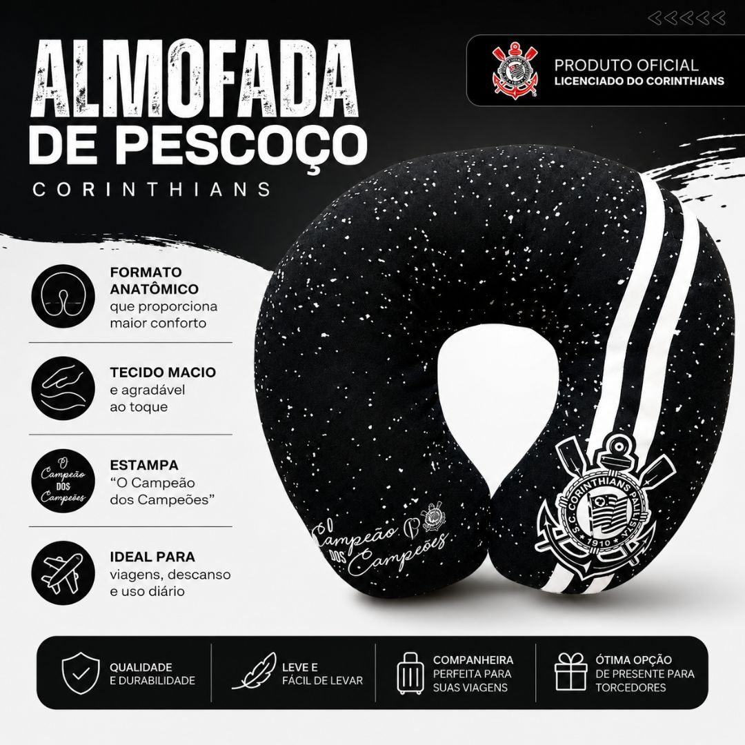 Almofada Apoio Pescoço Viagem Corinthians Timão Campeão dos Campeões Preta Passeio Futebol Presente Pai Torcedor - Imagem 2