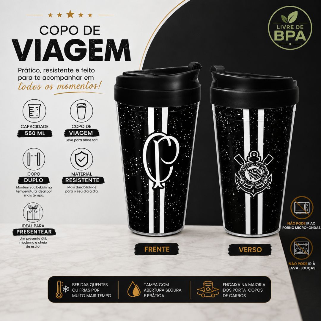 Copo Viagem Corinthians Com Tampa 550ml Café Bebidas Presente Torcedor Timão Futebol Pai Amigo - Imagem 2