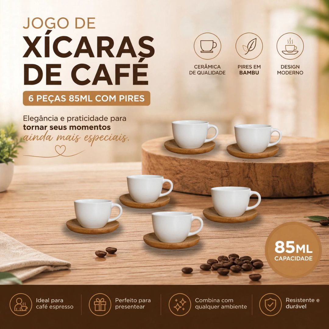Jogo de 6 Xícaras de Café com Pires de Madeira 85ml Porcelana Branca Bambu Sofisticado Elegante Mesa Posta Presente - Imagem 2