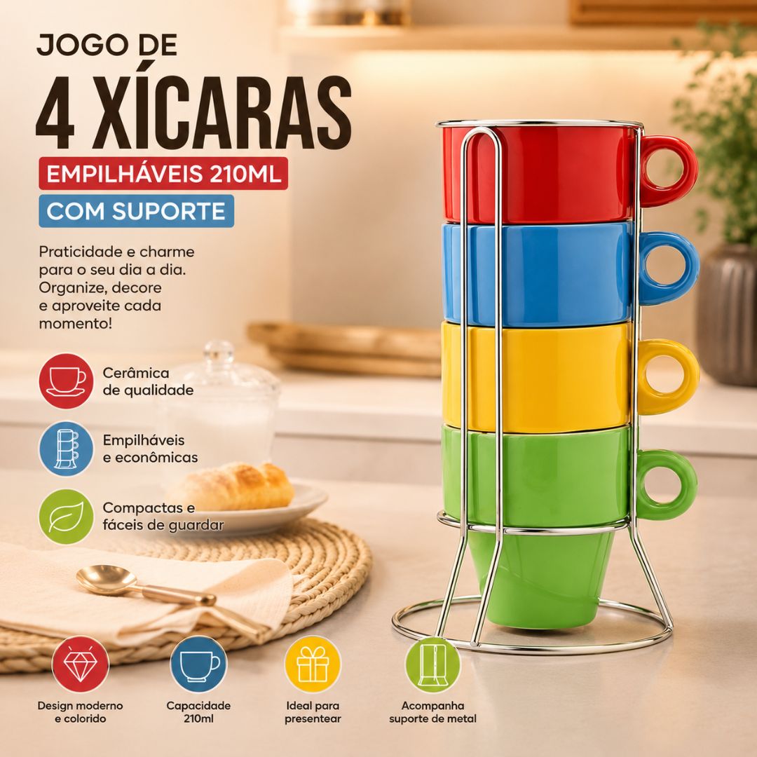 Jogo de 4 xícaras Coloridas Empilháveis 210ml Cantinho do Café Chá Cozinha Resistente Presente Amiga Mãe Moderna Decorat - Imagem 2