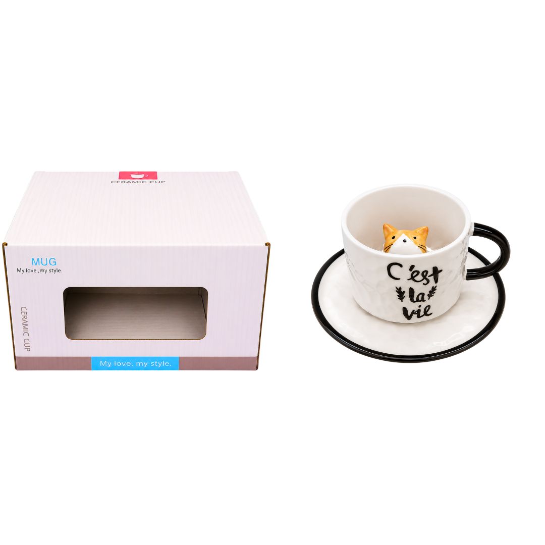 Xícara de Cerâmica c/ Pires Gato Interno Frases 220ml Café Chá Mesa Posta Decorativa Presente Mãe Amiga Fofo - Imagem 2
