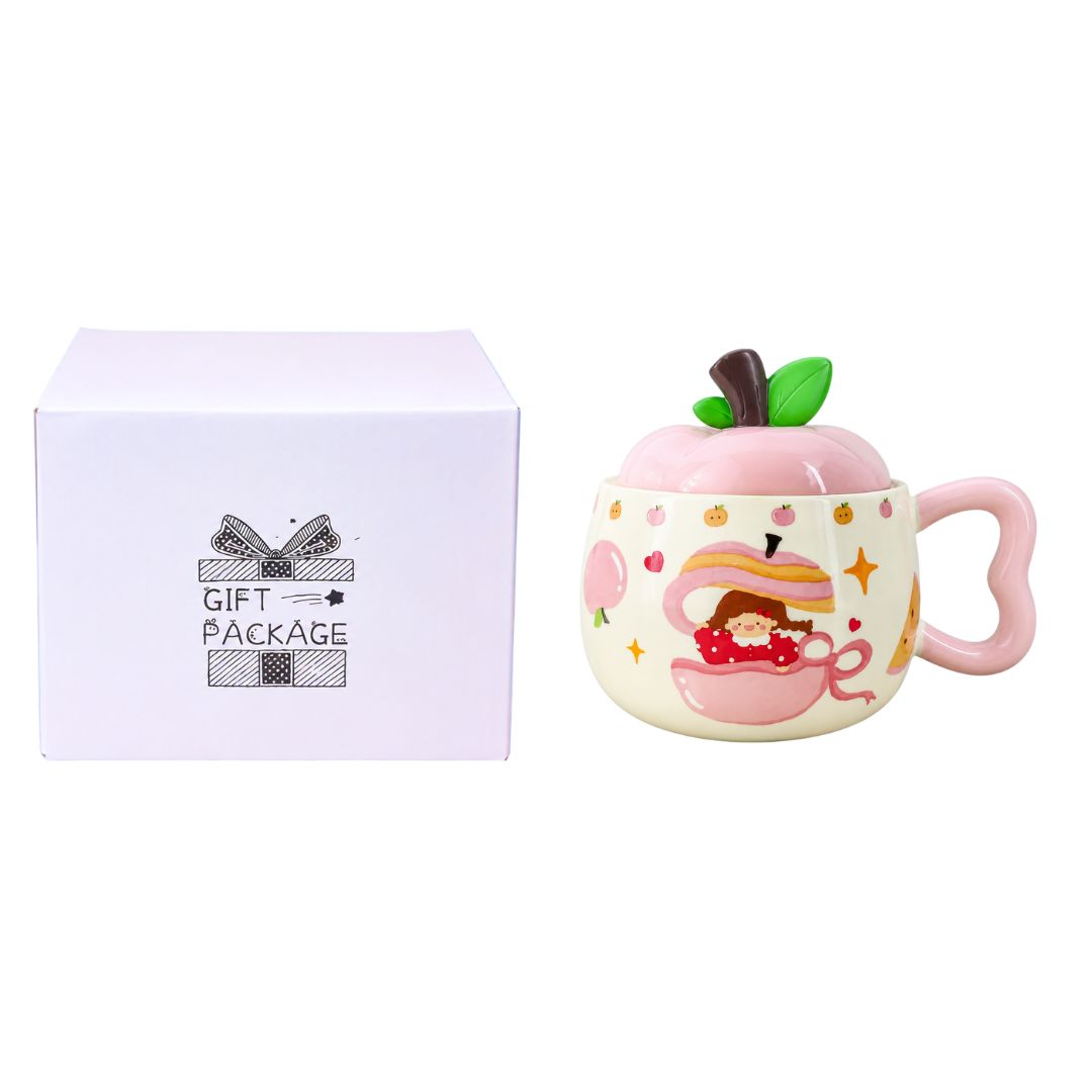 Caneca de Cerâmica c/ Tampa Maçã Rosa Lilás Laranja Verde 300ml Café da Manhã Chá Bebidas Quentes Mesa Posta Presente Fr - Imagem 2