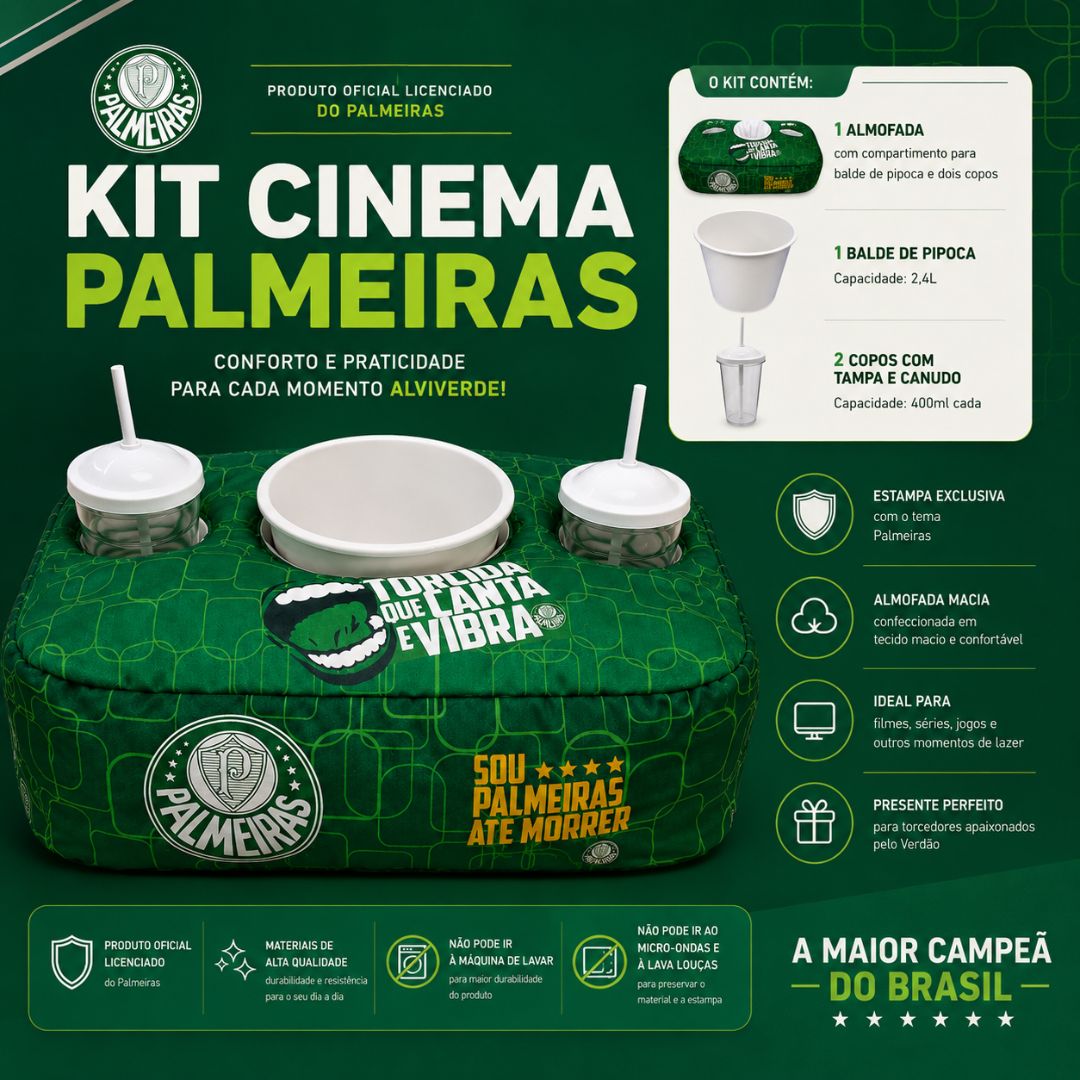 Kit Cinema Palmeiras Estampa Pattern Almofada Balde Pipoca Copos Filme Série Verdão Porco Futebol Presente Pai Amigos - Imagem 2