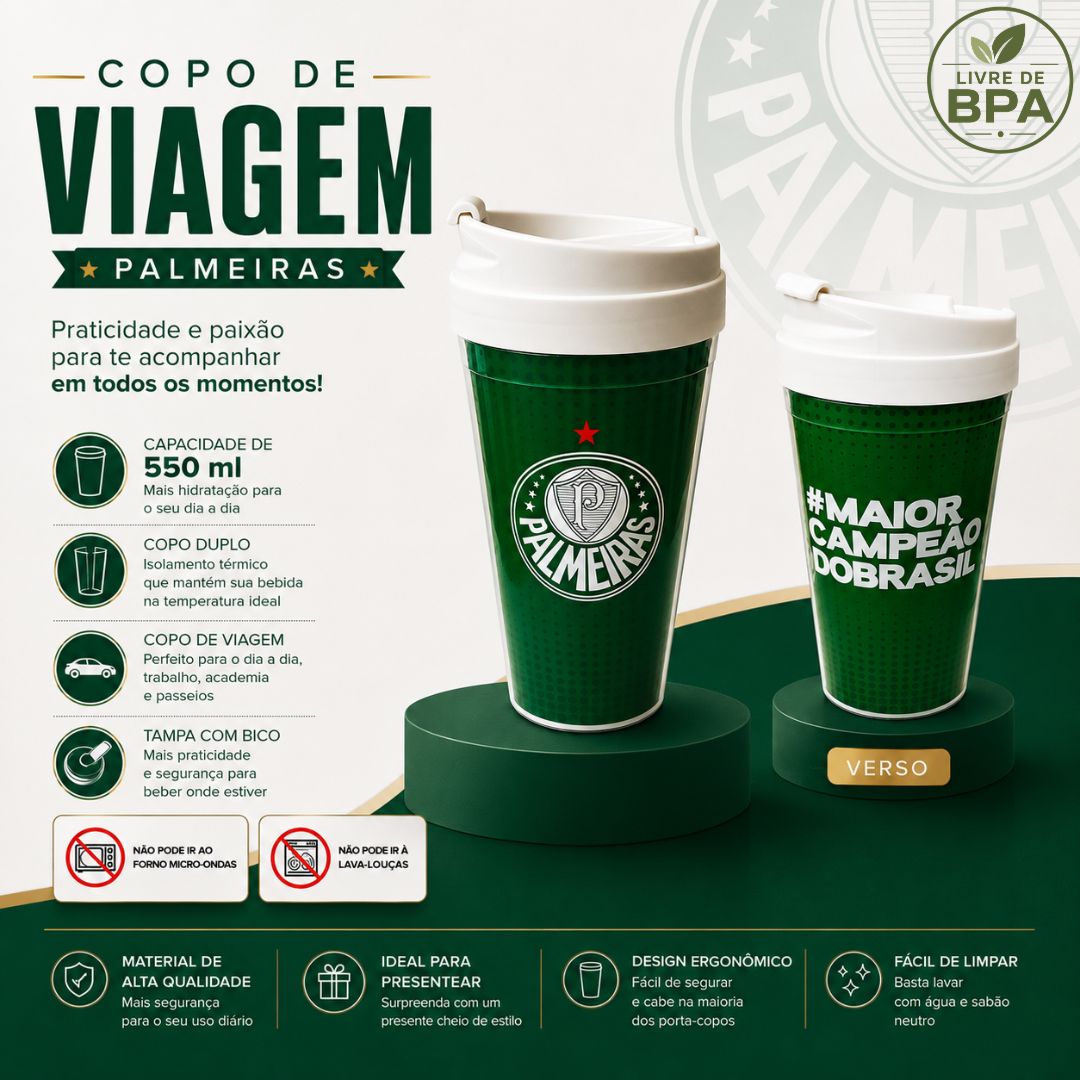 Copo Viagem Palmeiras Com Tampa 550ml Café Bebidas Presente Torcedor Porco Time Verdão Futebol Pai Amigo - Imagem 2