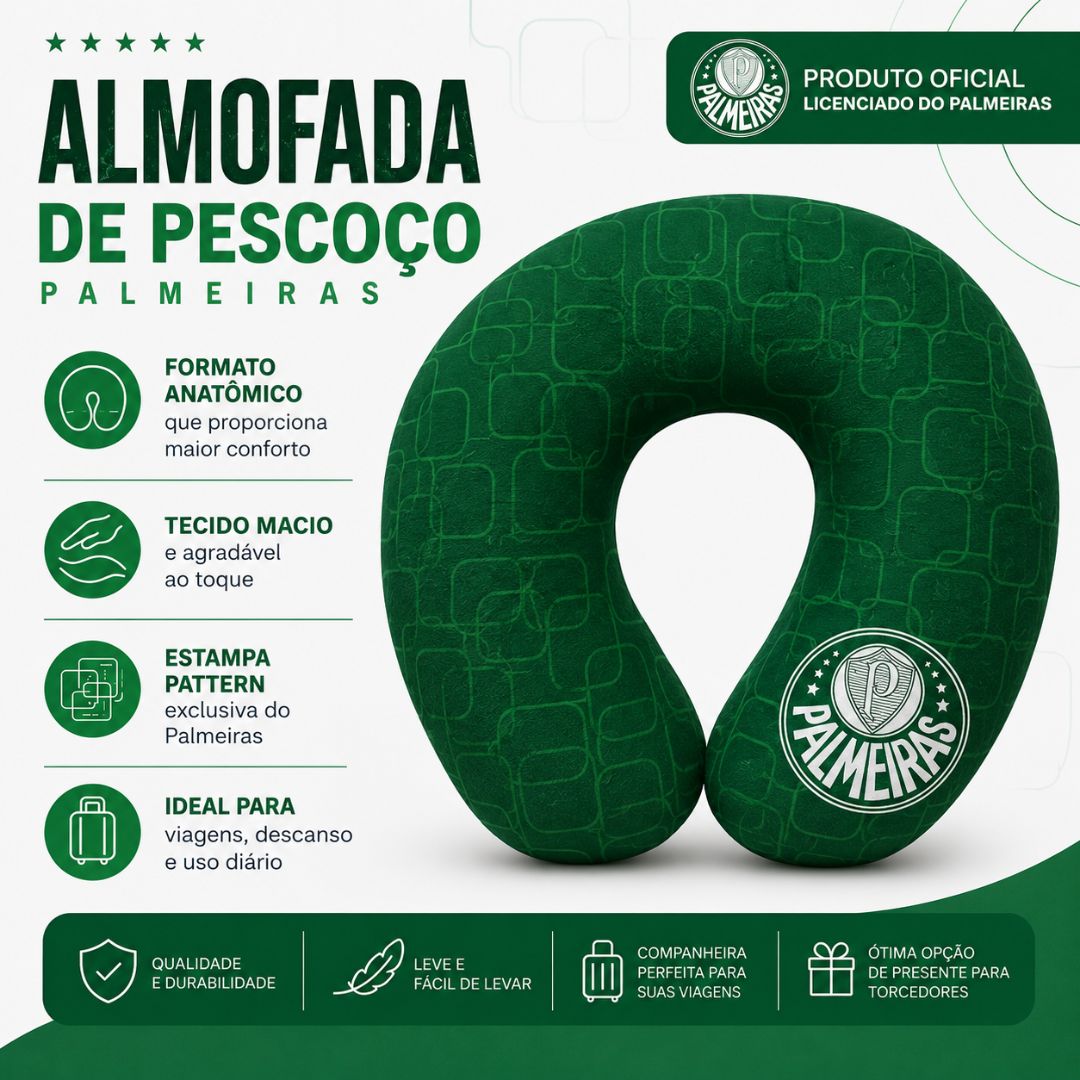 Almofada Apoio Pescoço Viagem Palmeiras Pattern Verdão Passeio Confortável Futebol Presente Pai Torcedor - Imagem 2