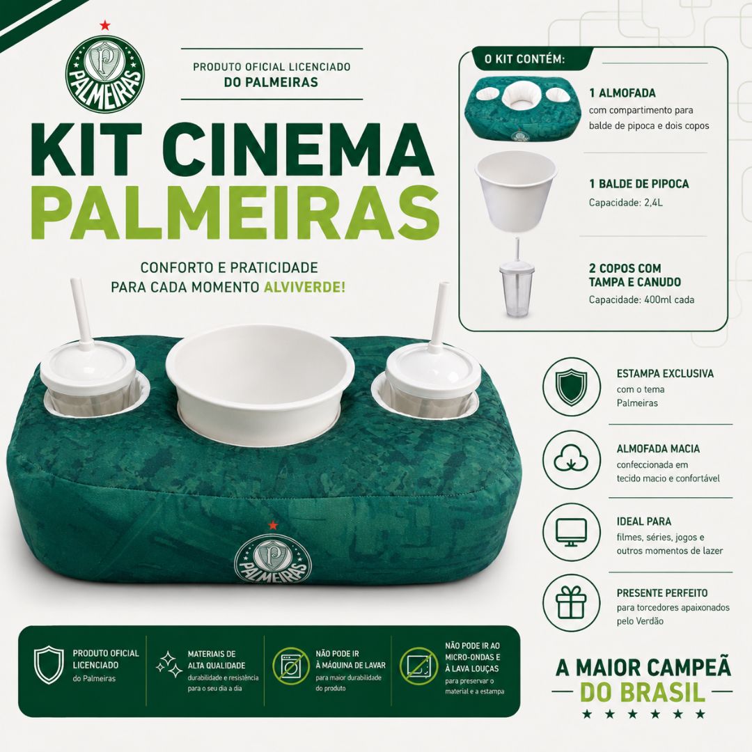 Kit Cinema Palmeiras Avanti Palestra Almofada Balde Pipoca Copos Filme Série Porco Futebol Presente Pai Amigos - Imagem 2
