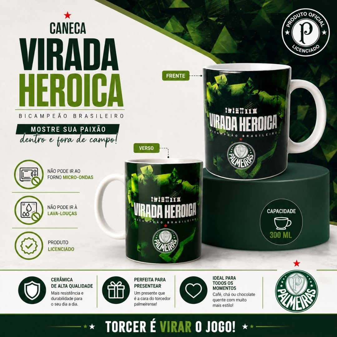 Caneca Palmeiras 300ml Virada Heroica Bicampeão Brasileiro Verdão Porco Cerâmica Pai Amigo Presente - Imagem 2