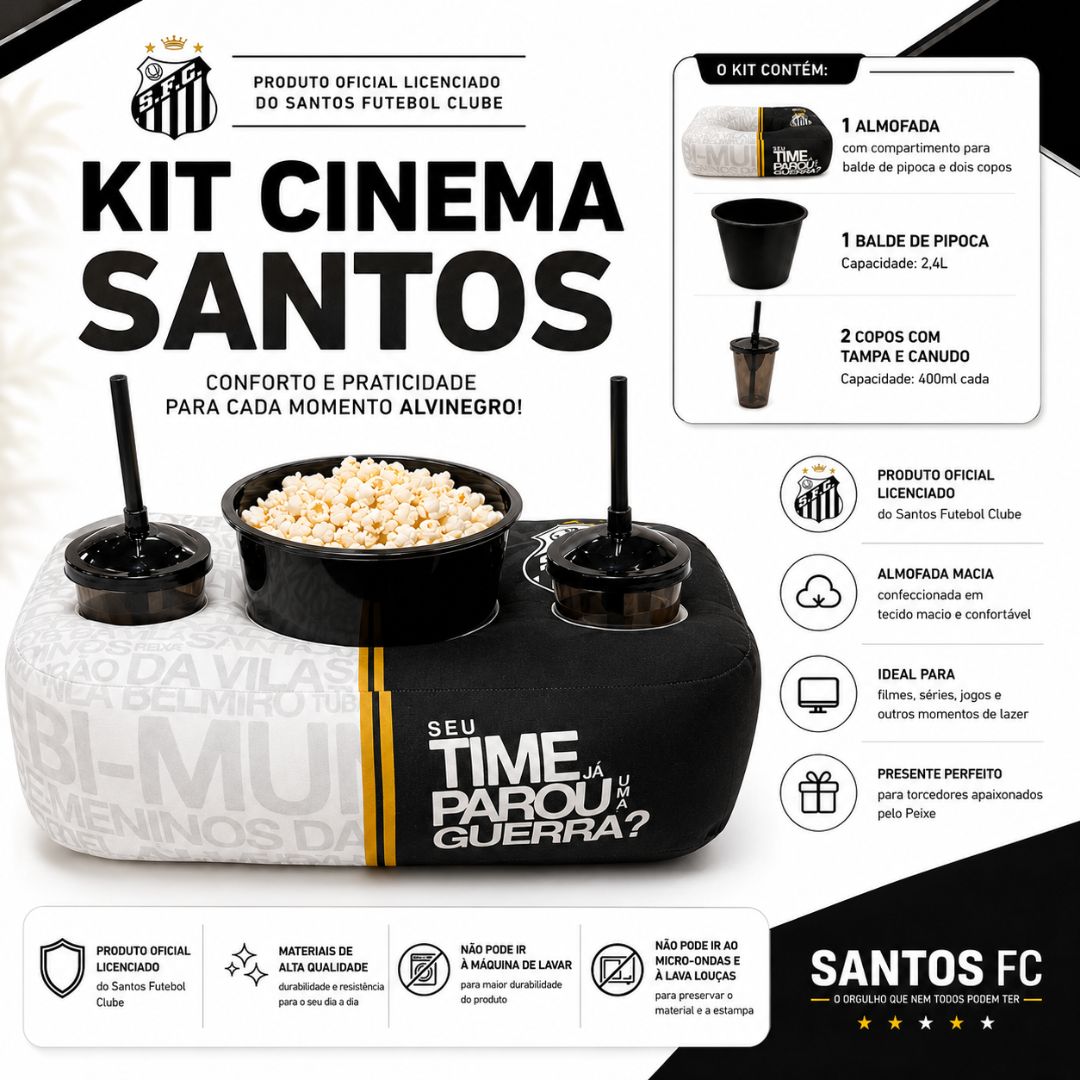 Kit Cinema Santos Seu Time Já Parou Uma Guerra Almofada Balde Pipoca Copos Filme Futebol Presente Pai - Imagem 2