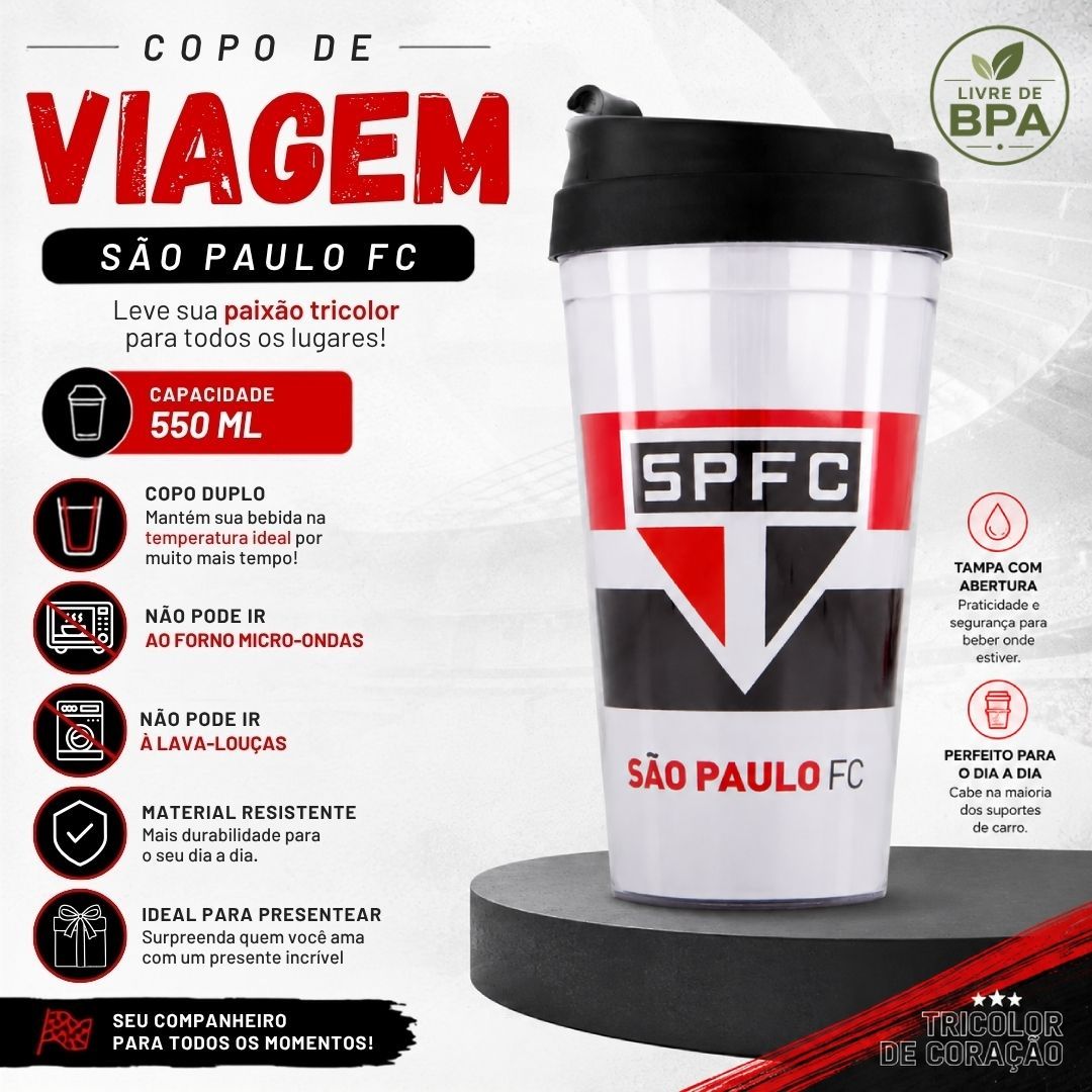 Copo Viagem São Paulo Listras Com Tampa 550ml Café Bebidas Presente Torcedor Tricolor Futebol Pai Amigo - Imagem 2