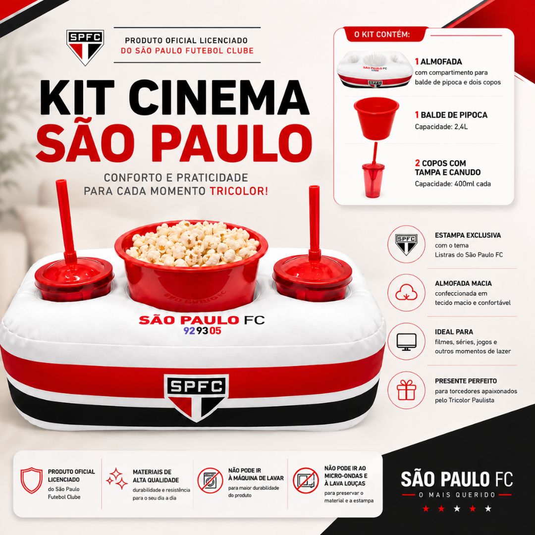 Kit Cinema São Paulo Listras Almofada Balde Pipoca Copos Filme Série Tricolor Futebol Time Presente Pai Amigos - Imagem 2