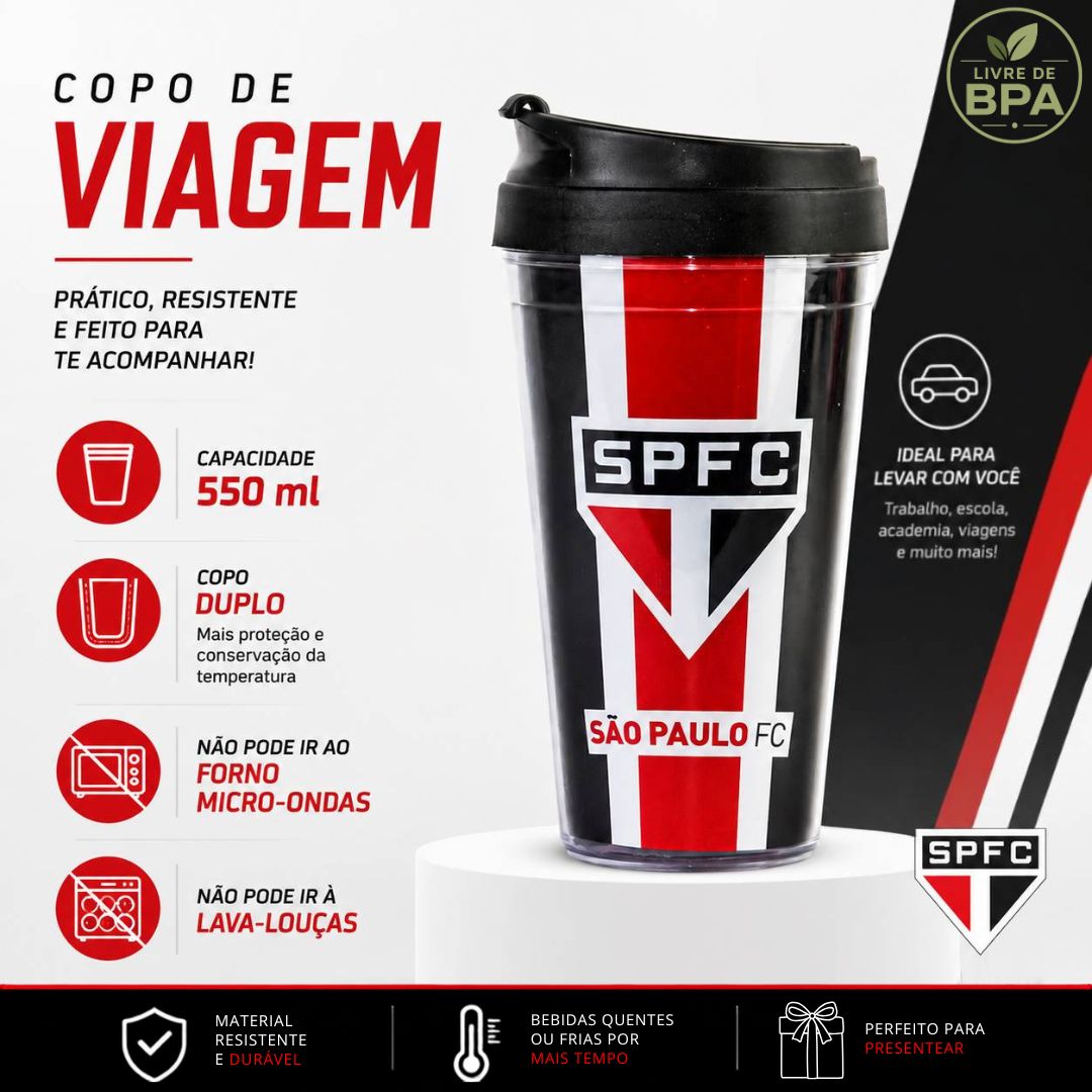 Copo Viagem São Paulo Listras Com Tampa 550ml Café Bebidas Presente Torcedor Tricolor Futebol Pai Amigo - Imagem 2