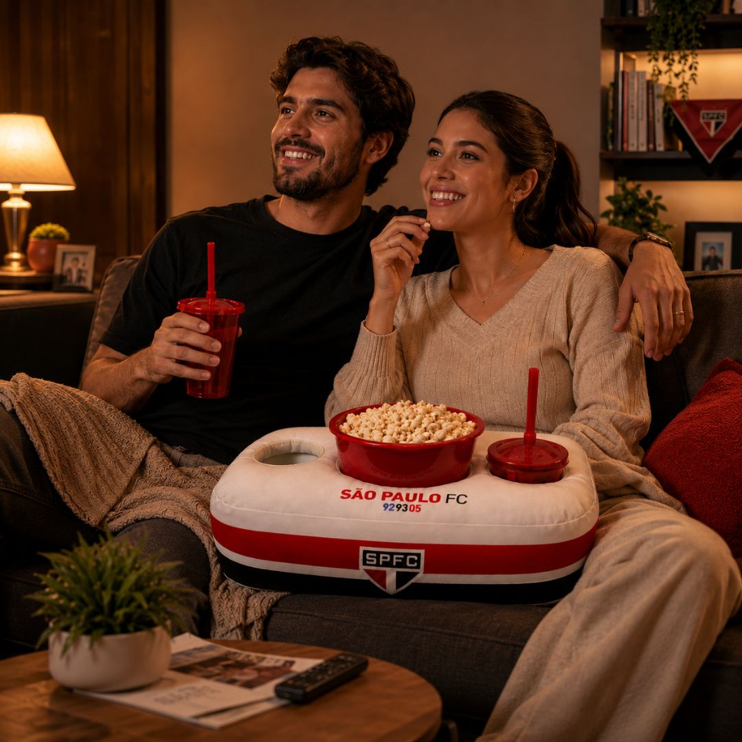 Kit Cinema São Paulo Listras Almofada Balde Pipoca Copos Filme Série Tricolor Futebol Time Presente Pai Amigos - Imagem 4