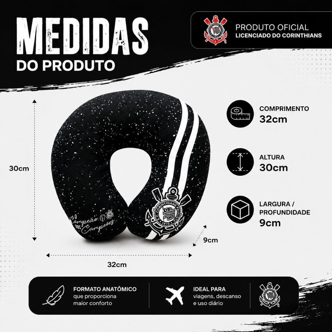 Almofada Apoio Pescoço Viagem Corinthians Timão Campeão dos Campeões Preta Passeio Futebol Presente Pai Torcedor - Imagem 5