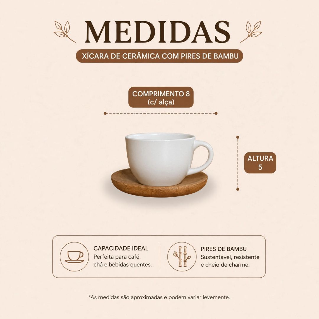 Jogo de 6 Xícaras de Café com Pires de Madeira 85ml Porcelana Branca Bambu Sofisticado Elegante Mesa Posta Presente - Imagem 5