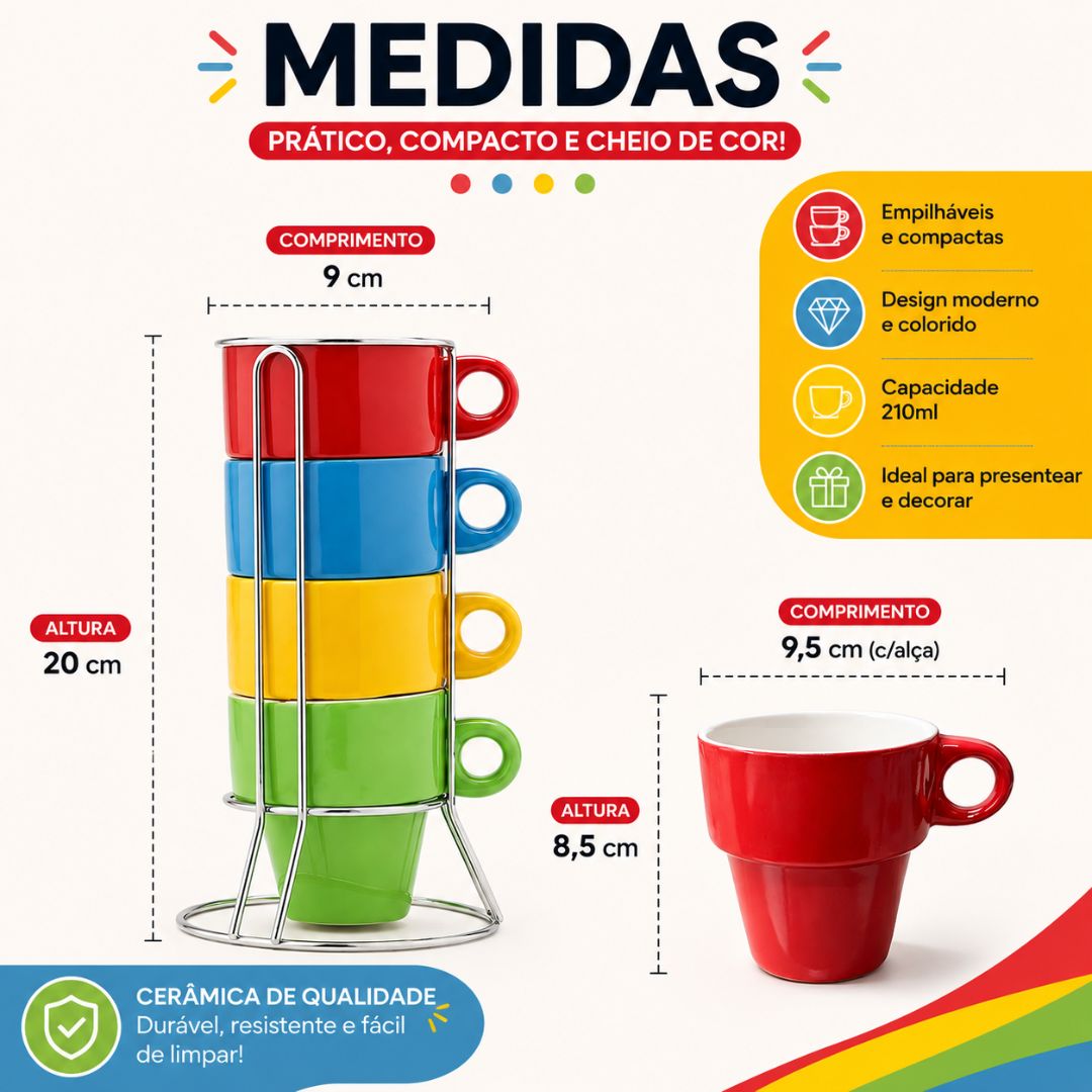 Jogo de 4 xícaras Coloridas Empilháveis 210ml Cantinho do Café Chá Cozinha Resistente Presente Amiga Mãe Moderna Decorat - Imagem 5