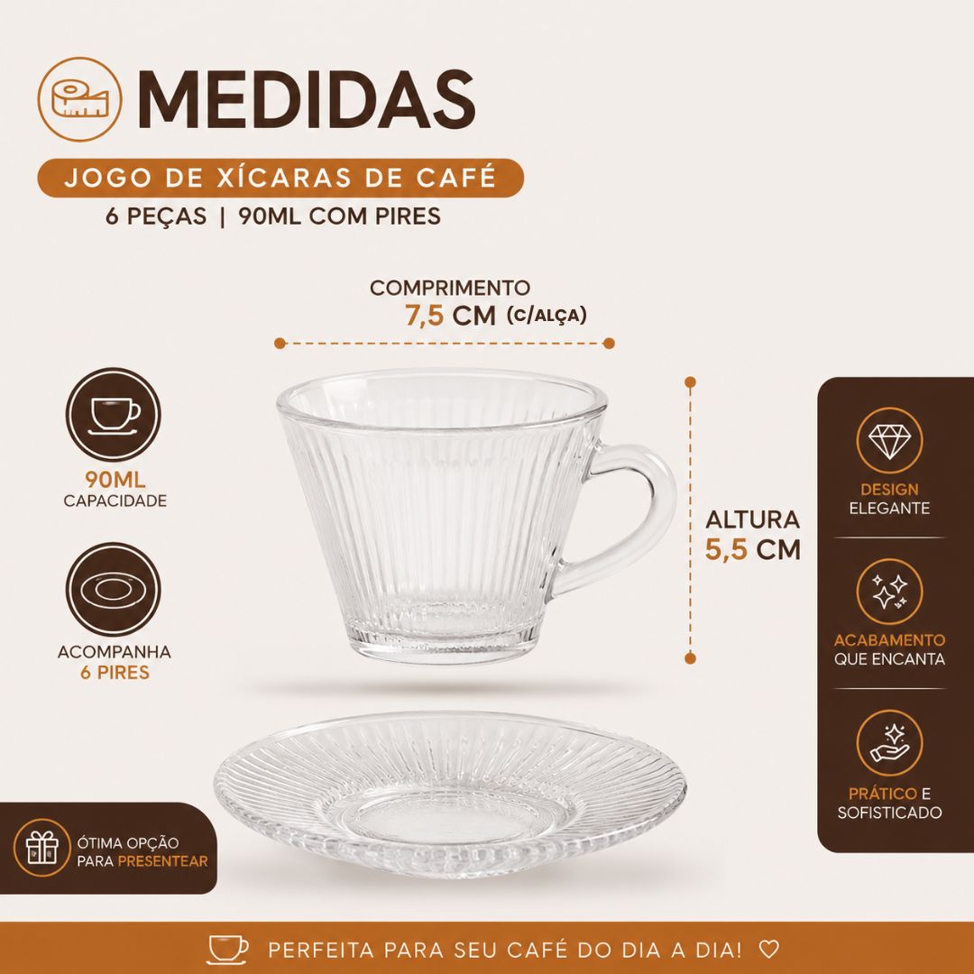 Jogo 6 xícaras Café 90ml Vidro Café Presente Cozinha Mesa Posta Elegante Charme Delicado Resistente - Imagem 5