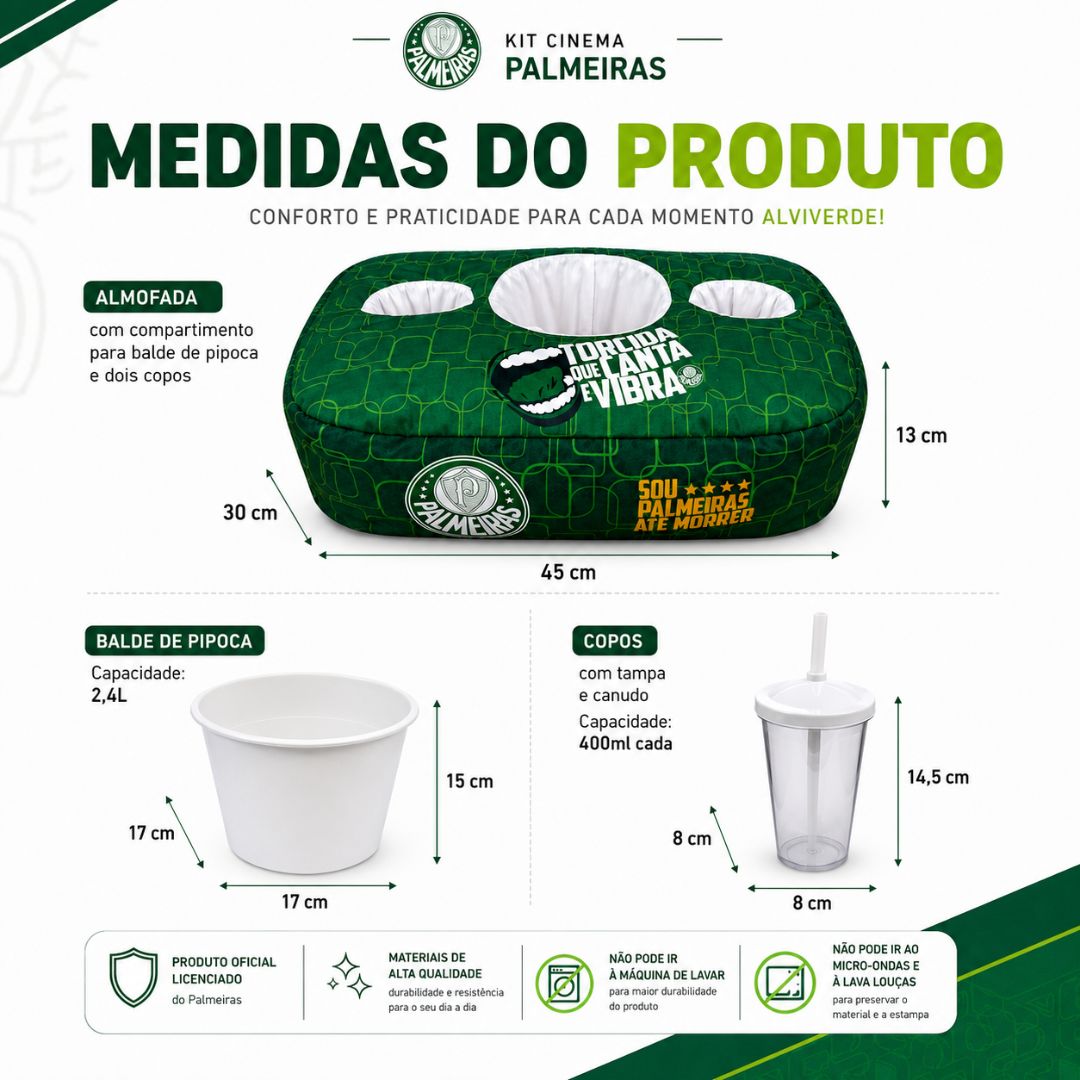 Kit Cinema Palmeiras Estampa Pattern Almofada Balde Pipoca Copos Filme Série Verdão Porco Futebol Presente Pai Amigos - Imagem 5
