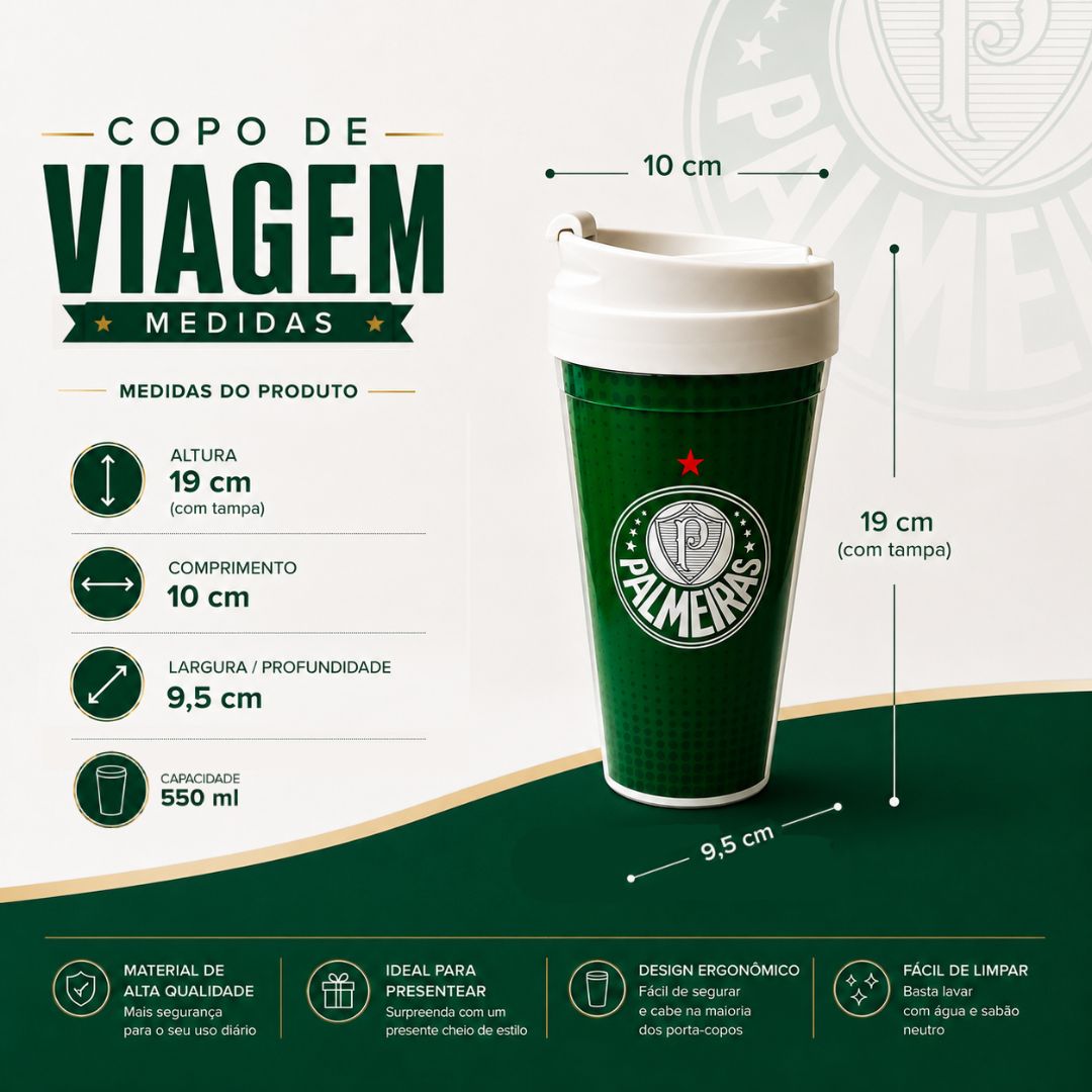 Copo Viagem Palmeiras Com Tampa 550ml Café Bebidas Presente Torcedor Porco Time Verdão Futebol Pai Amigo - Imagem 5