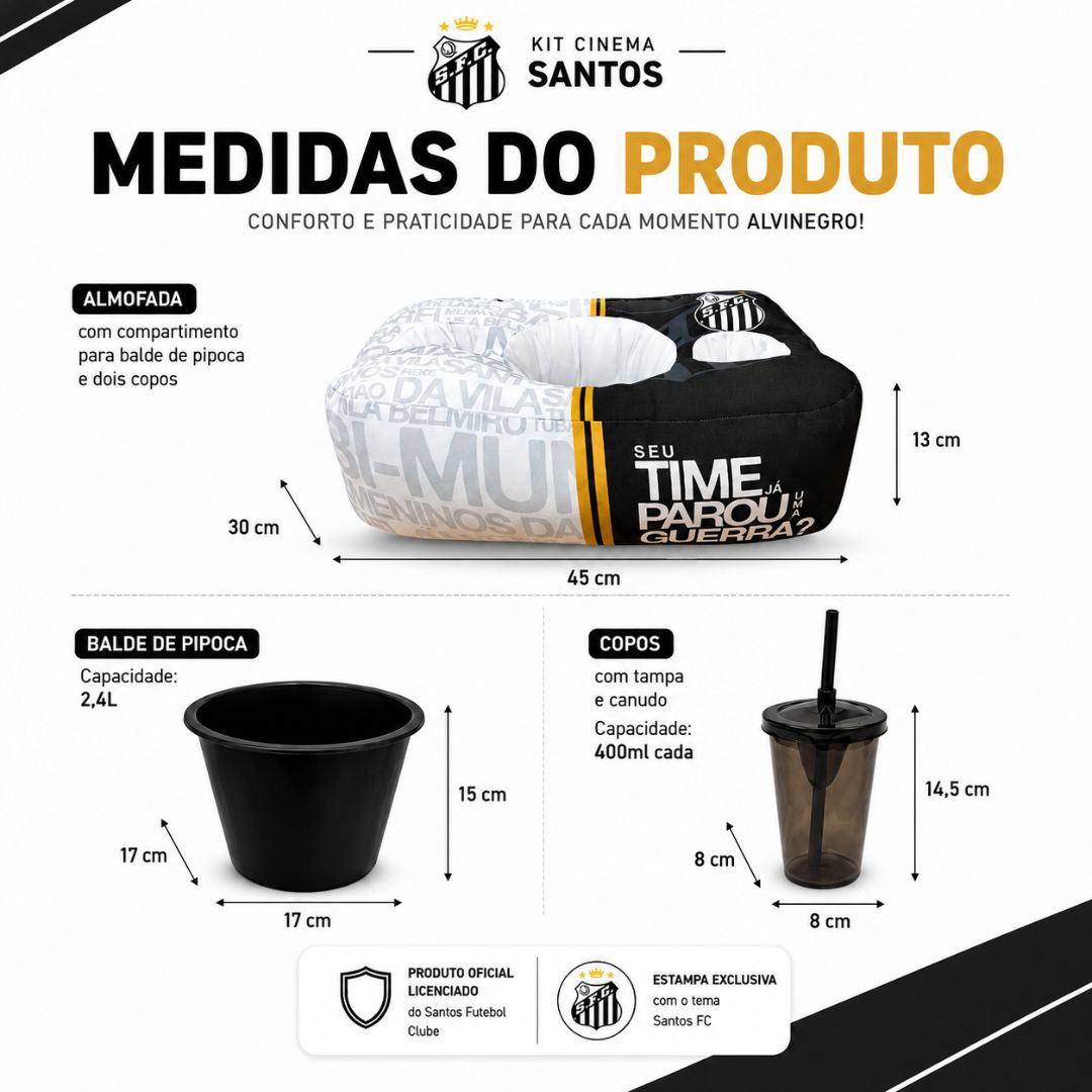 Kit Cinema Santos Seu Time Já Parou Uma Guerra Almofada Balde Pipoca Copos Filme Futebol Presente Pai - Imagem 5