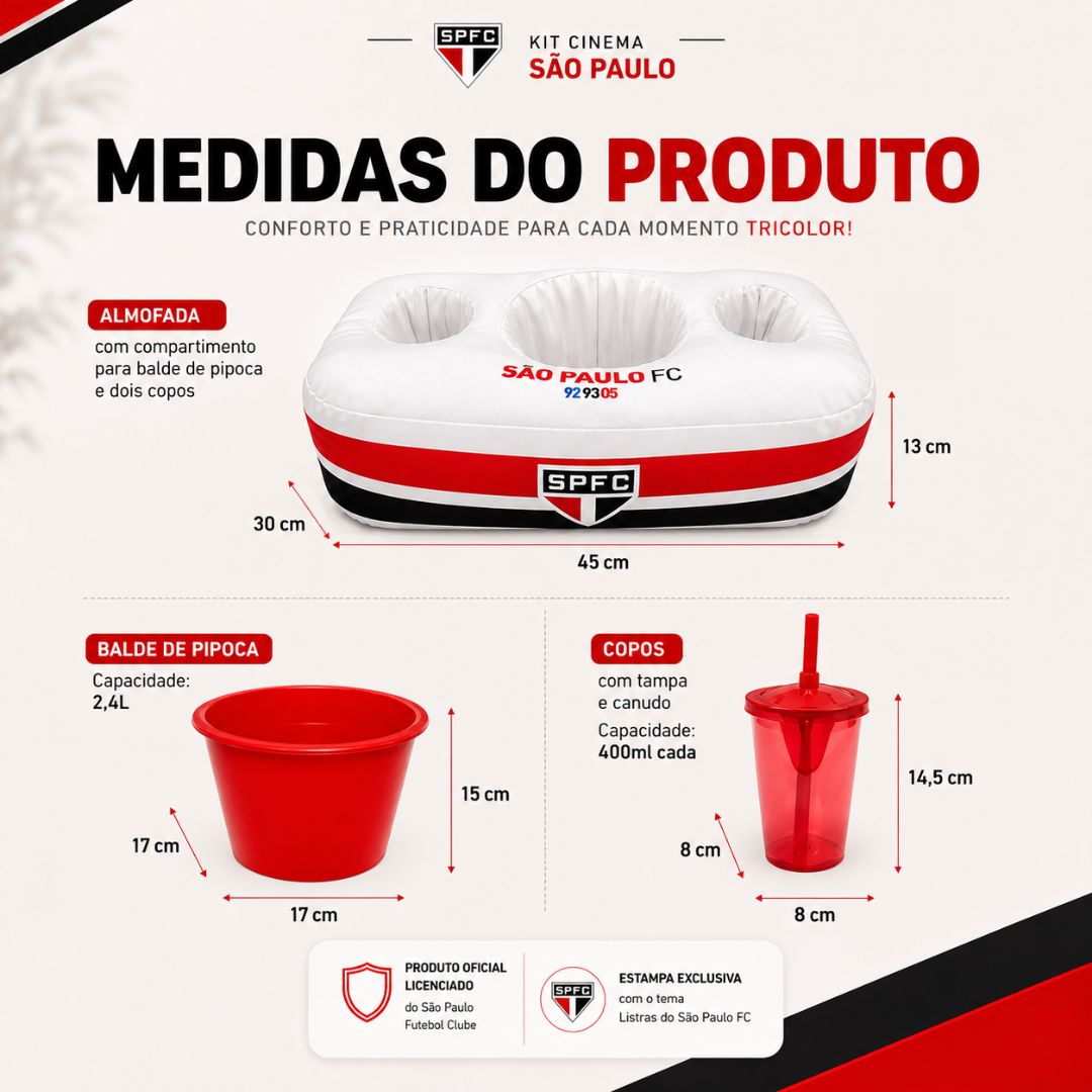 Kit Cinema São Paulo Listras Almofada Balde Pipoca Copos Filme Série Tricolor Futebol Time Presente Pai Amigos - Imagem 5