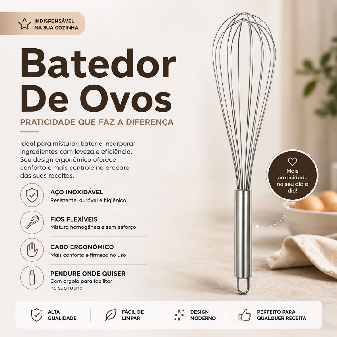 Batedor de Ovos Inox Fouet Utensílio Cozinha Culinária Arame Resistente Misturar Preparar Confeitaria - Imagem 2
