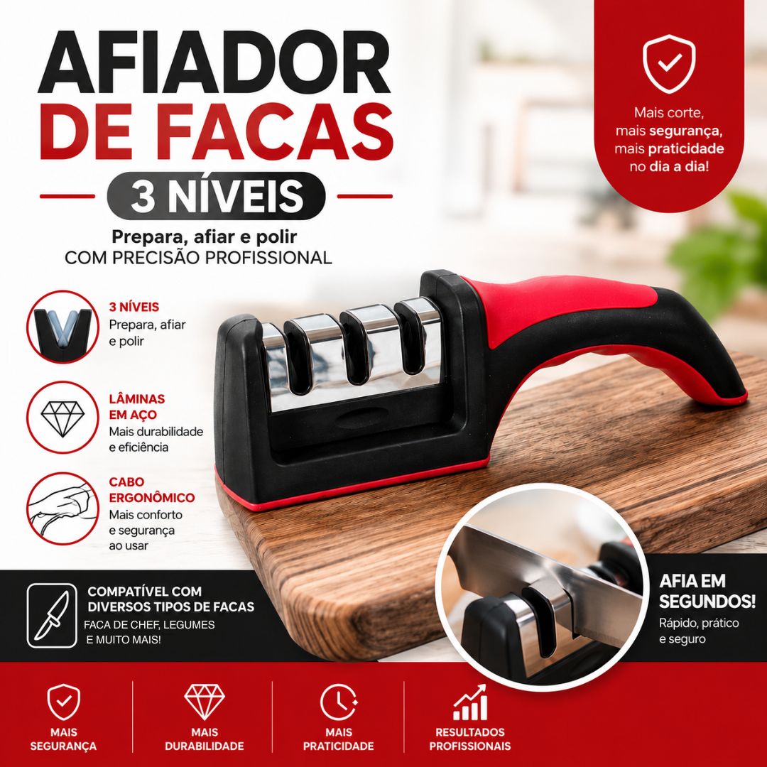 Afiador De Facas Amolador Profissional 3 Níveis Utensílio Cozinha Manual Base Antideslizante - Imagem 2