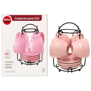 Conjunto de 4 xícaras para chá Rosa 200ml Cerâmica Café Chá Mesa Posta Resistente Sofisticado Presente Amiga Mãe Moderna
