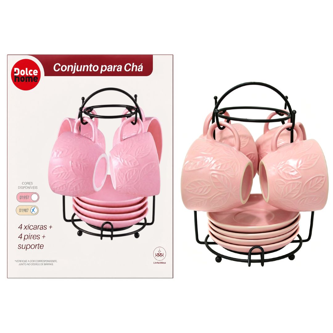 Conjunto de 4 xícaras para chá Rosa 200ml Cerâmica Café Chá Mesa Posta Resistente Sofisticado Presente Amiga Mãe Moderna