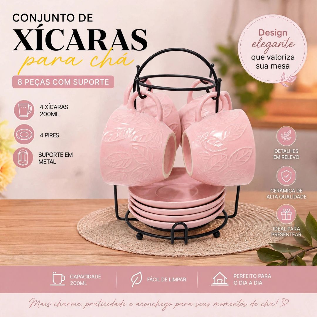 Conjunto de 4 xícaras para chá Rosa 200ml Cerâmica Café Chá Mesa Posta Resistente Sofisticado Presente Amiga Mãe Moderna - Imagem 2