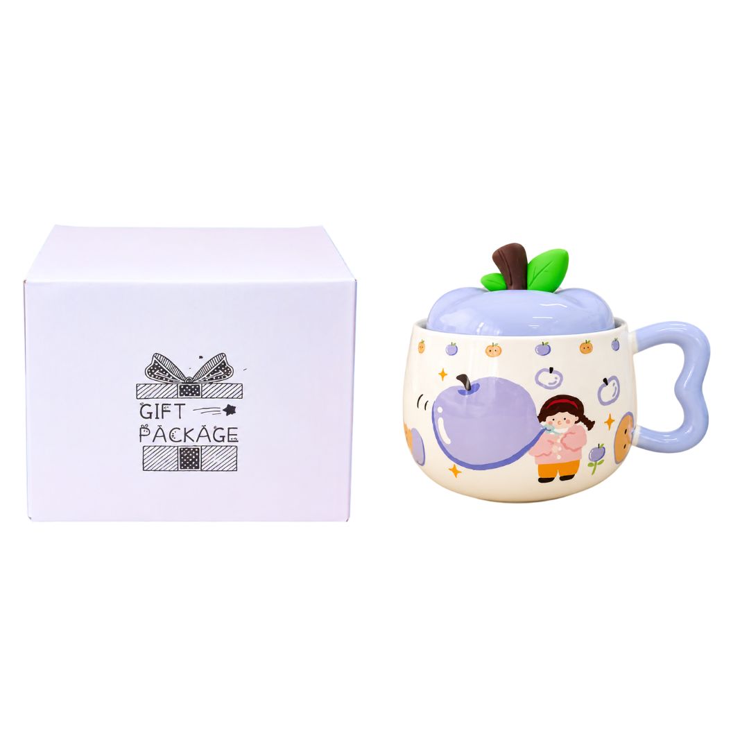 Caneca de Cerâmica c/ Tampa Maçã Rosa Lilás Laranja Verde 300ml Café da Manhã Chá Bebidas Quentes Mesa Posta Presente Fr - Imagem 3
