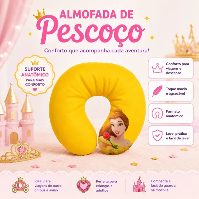 Almofada de Pescoço Infantil A Bela e a Fera em U Disney Menina Princesa Viagem Macio Confortável Presente - Imagem 2