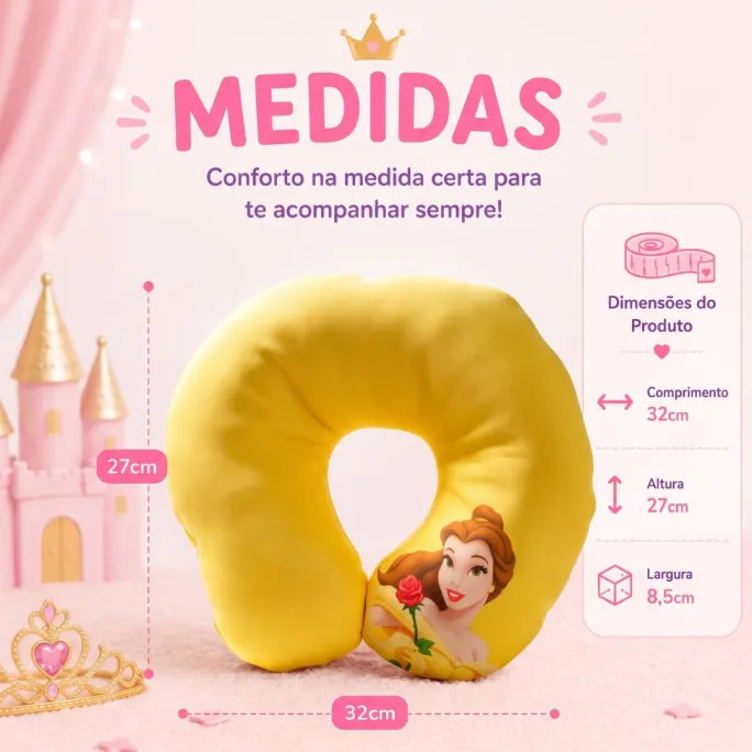 Almofada de Pescoço Infantil A Bela e a Fera em U Disney Menina Princesa Viagem Macio Confortável Presente - Imagem 6