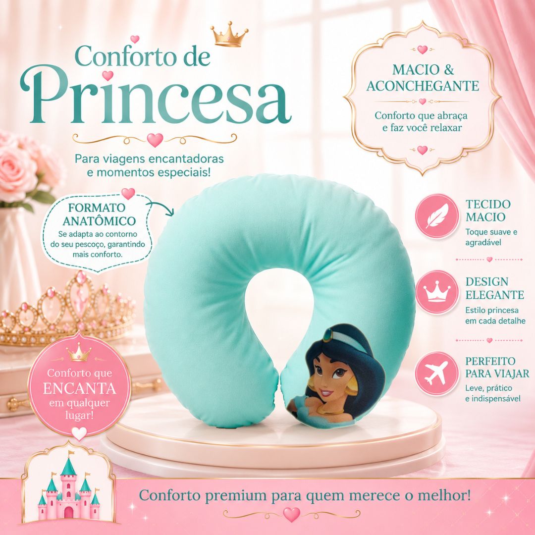 Almofada de Pescoço Infantil Princesa Jasmine em U Disney Menina Viagem Macio Confortável Presente Apoio - Imagem 2